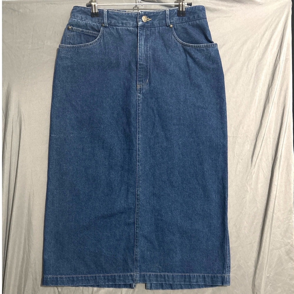 VTG Lizwear Denim Long Maxi Skirt 12 Blue 90s Aesthetic Slit Coastal Modest
